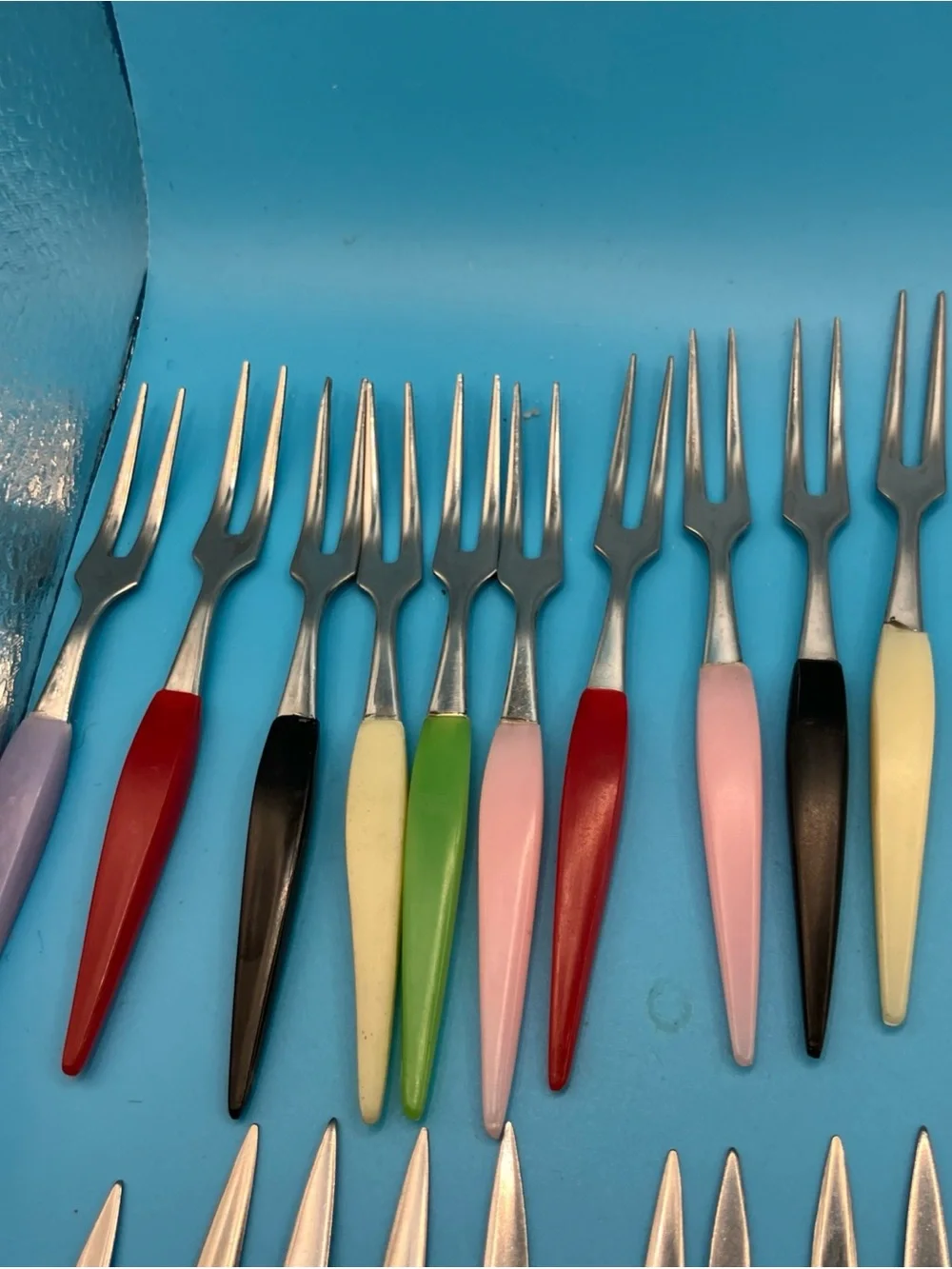 Vintage Japan Little Forks Set 50 Cocktail Appetizer Colorful Handles Stainless